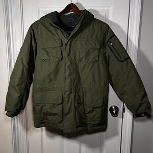 Lands' End Youth Winter Jacket With Fur Hood/ Sherpa Boys Size Large 14/16 Olive